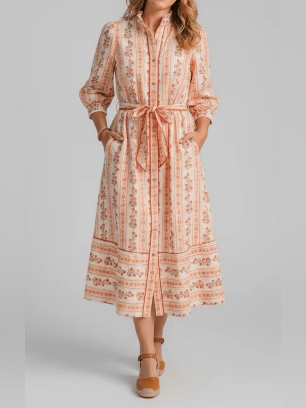 Entro Floral 100% Cotton Puff Sleeve Belted Midi Dress with Pockets Size Small